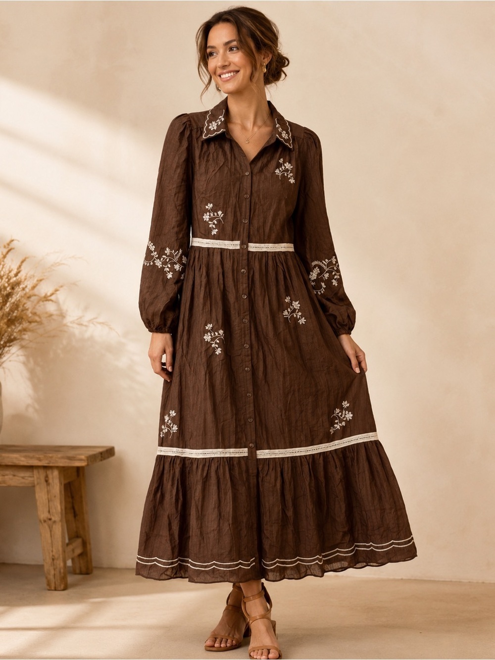 Polagram Brown Embroidered Button-Front Maxi Dress
